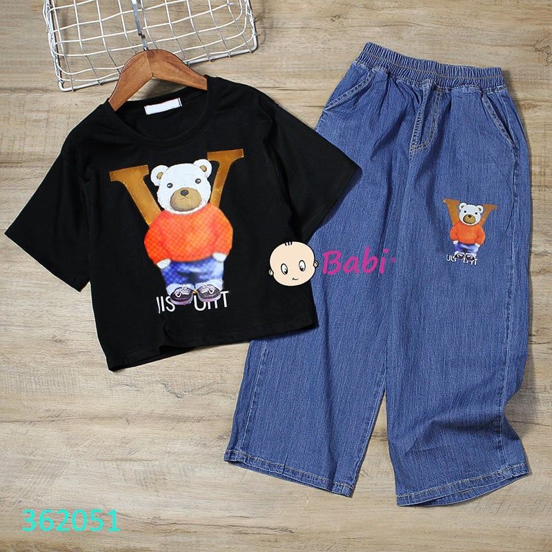  Bộ Áo Tay Ngắn In Gấu Quần Jean Suông Dài Năng Động (10kg-40kg) 