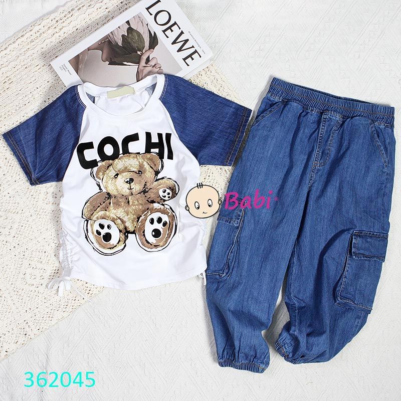  Bộ Áo Tay Ngắn Rút Dây Quần Bom Jean Dài Sành Điệu (11kg-45kg) 