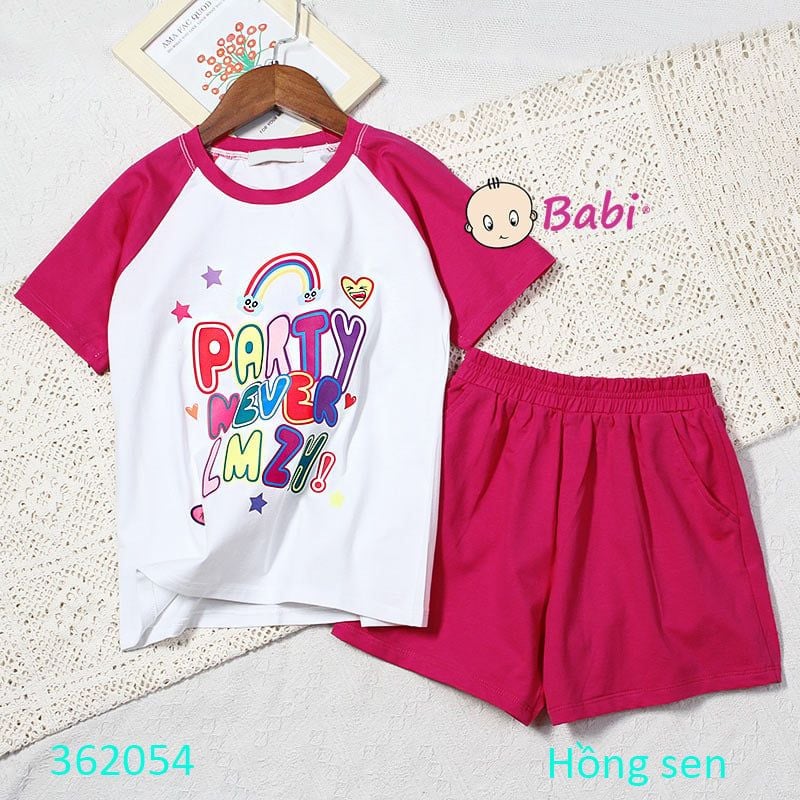  Bộ Bé Gái Áo Ngắn Quần Short Đùi In Chữ Party (15kg-52kg) 