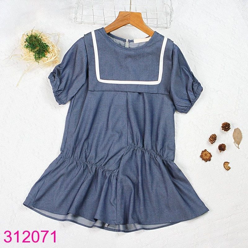  Đầm Babydoll Cổ Thủy Thủ Tay Phồng Xinh Xắn Cho Bé Gái (3 - 12 tuổi) 