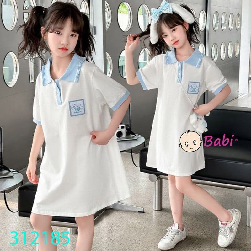  Đầm Suông Cổ Somi Bé Gái Thêu Hoạt Hình Kuromi (30-47kg) 