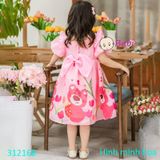  312168 Đầm Tơ Tay Phồng In Gấu Dâu Dễ Thương (11kg-42kg) 