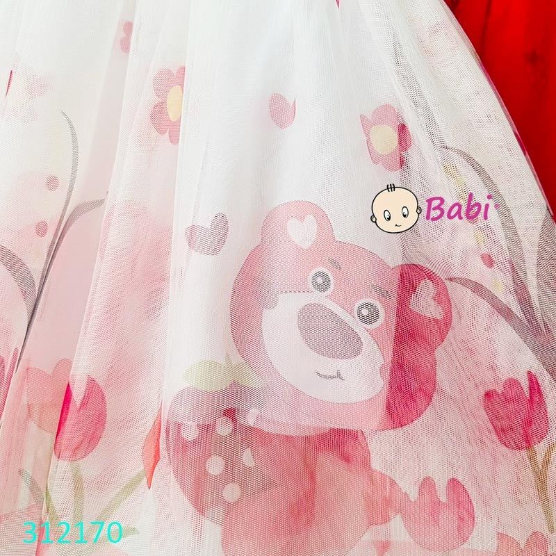  312170 Đầm Voan Cao Cấp Tay Phồng In Gấu Dâu Dễ Thương (13kg-37kg) 