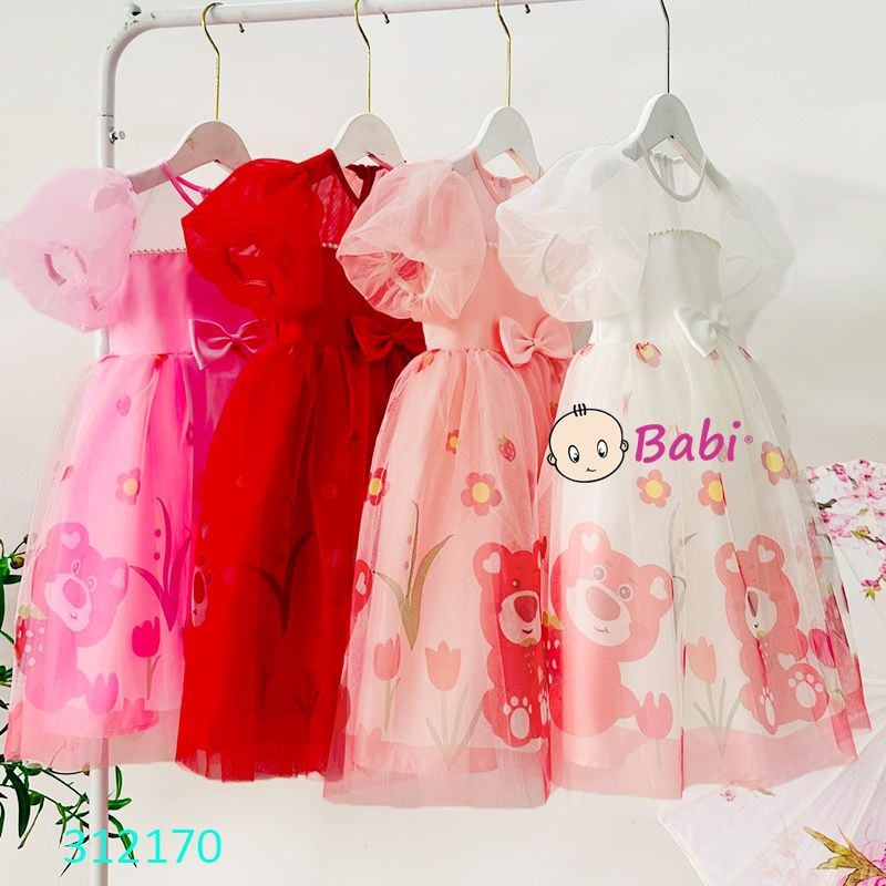  312170 Đầm Voan Cao Cấp Tay Phồng In Gấu Dâu Dễ Thương (13kg-37kg) 