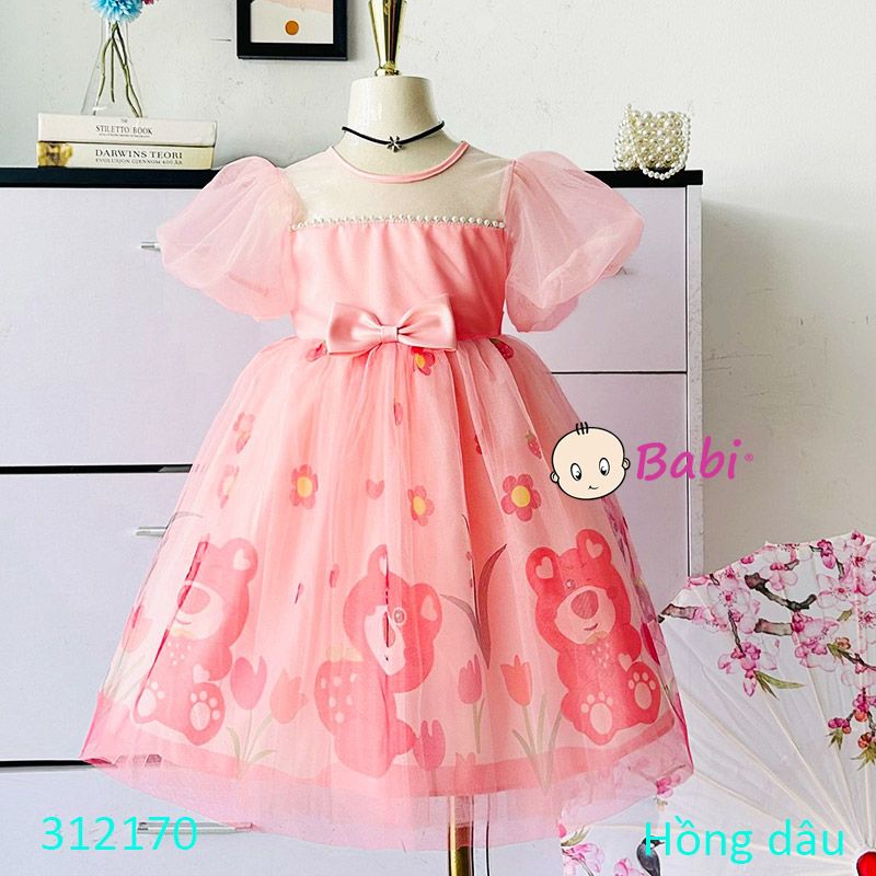  312170 Đầm Voan Cao Cấp Tay Phồng In Gấu Dâu Dễ Thương (13kg-37kg) 