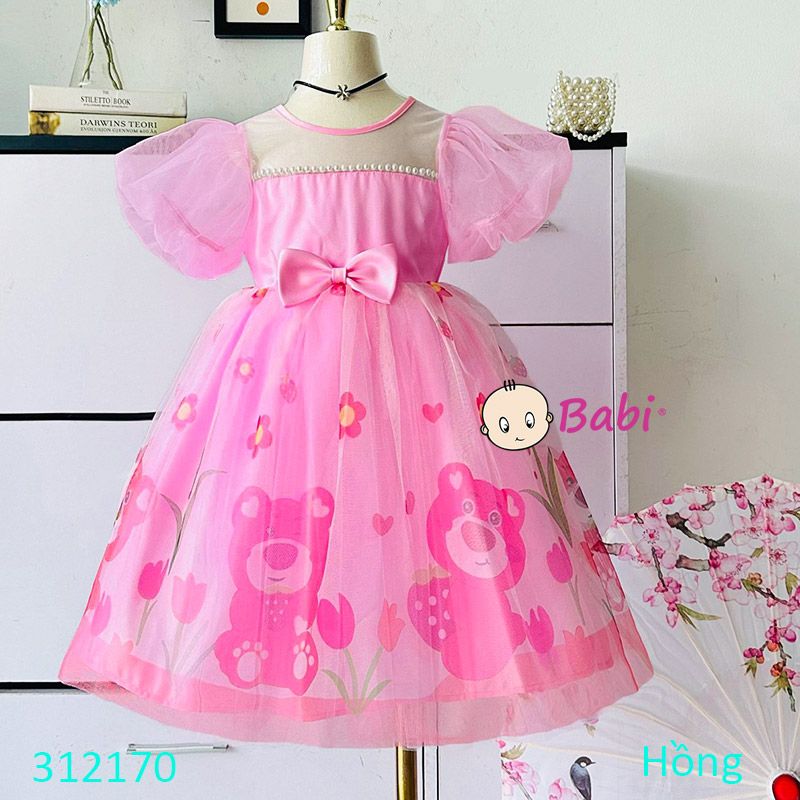  312170 Đầm Voan Cao Cấp Tay Phồng In Gấu Dâu Dễ Thương (13kg-37kg) 