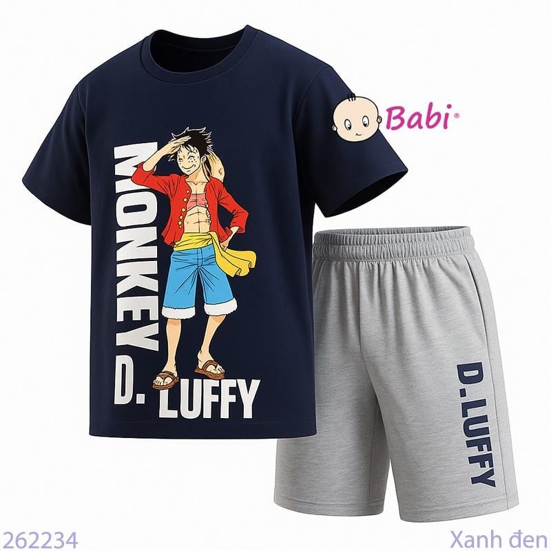  Bộ Thun Bé Trai Tay Ngắn Quần Lửng Chữ Luffy (30kg - 55kg) 