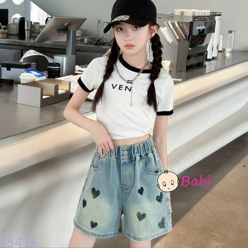  Quần Short Jean Bé Gái Thêu Tim Xinh Xắn (26-43kg) 