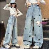  Quần Jean Suông Dài Bé Gái Thêu Nơ Đính Hạt (30-50kg) 