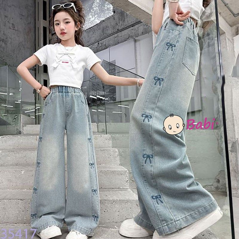  Quần Jeans Suông Bé Gái Thêu Nơ Xinh Xắn (30kg - 50kg) 