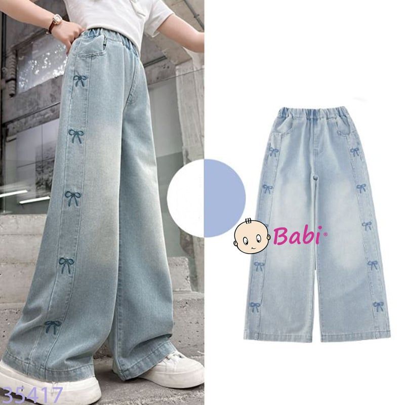  Quần Jeans Suông Bé Gái Thêu Nơ Xinh Xắn (30kg - 50kg) 