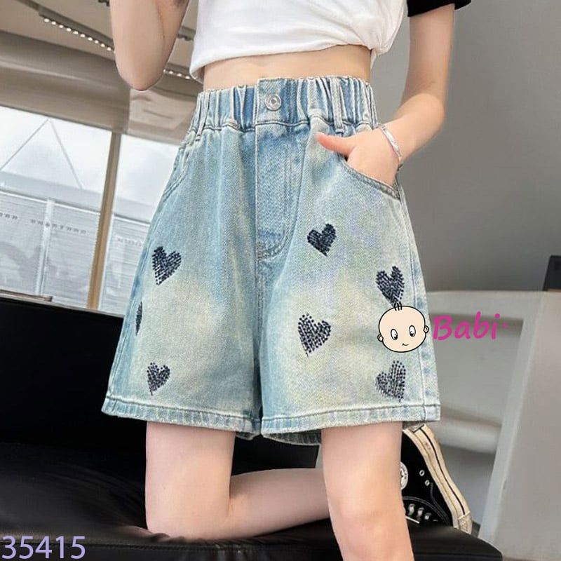 Quần Short Jean Bé Gái Thêu Tim Xinh Xắn (26-43kg) 