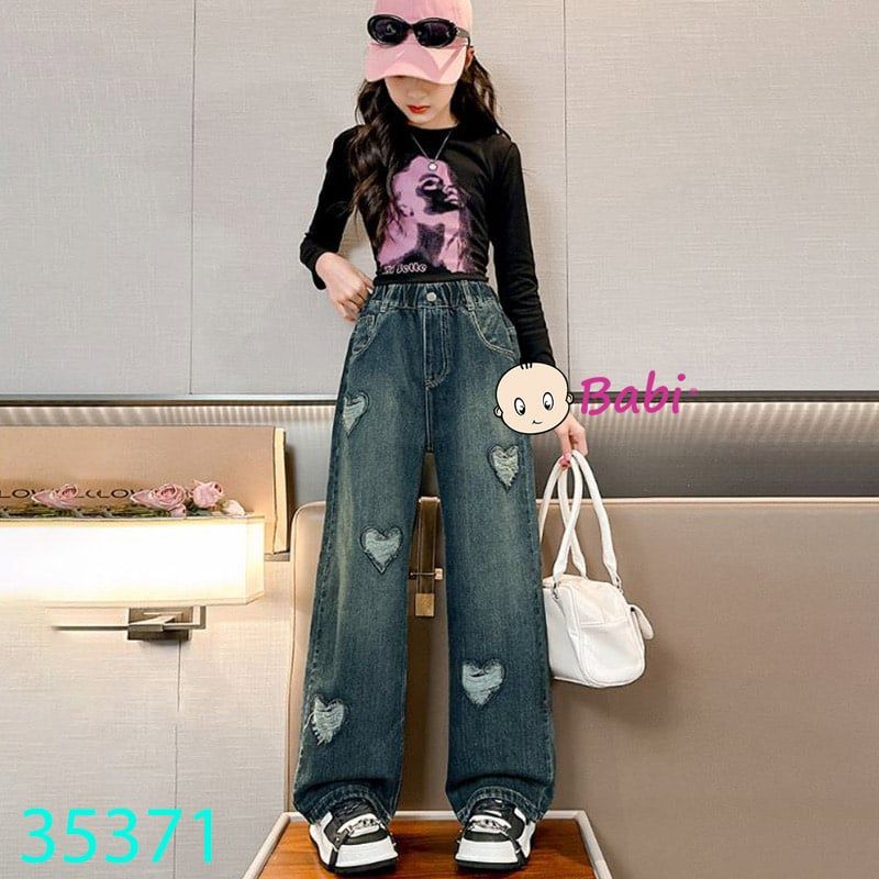  Quần Jean Suông Bé Gái Thêu Đắp Tim (35kg - 50kg) 