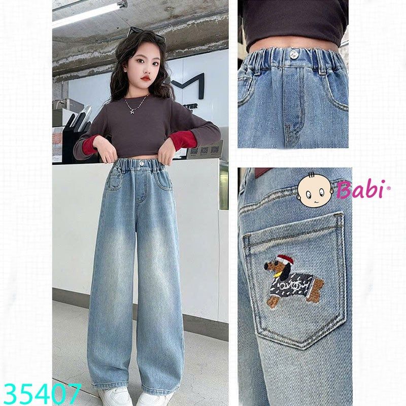  Quần Jean Suông Dài Bé Gái Thêu Con Cún  (26-40kg) 