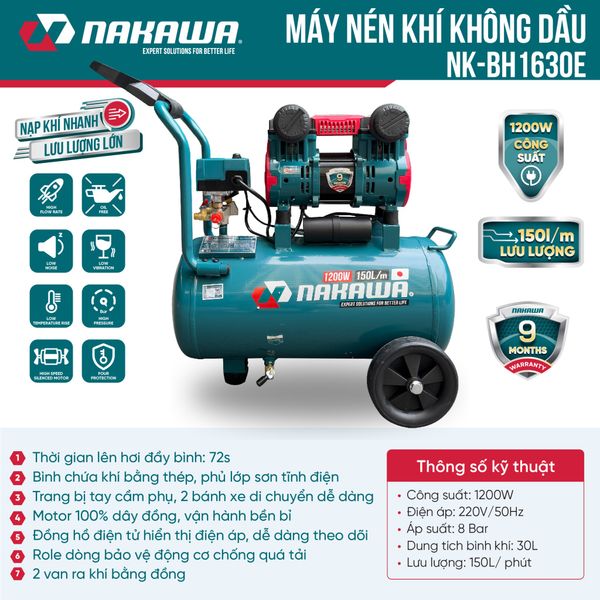 Máy nén khí không dầu, tốc nhanh, siêu êm NK-BH1630E - 30 lít