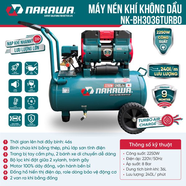 Máy nén khí không dầu, tốc nhanh, siêu êm NK-BH3036TURBO - 36 lít