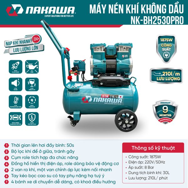 Máy nén khí không dầu, tốc nhanh, siêu êm NK-BH2530PRO - 30 lít