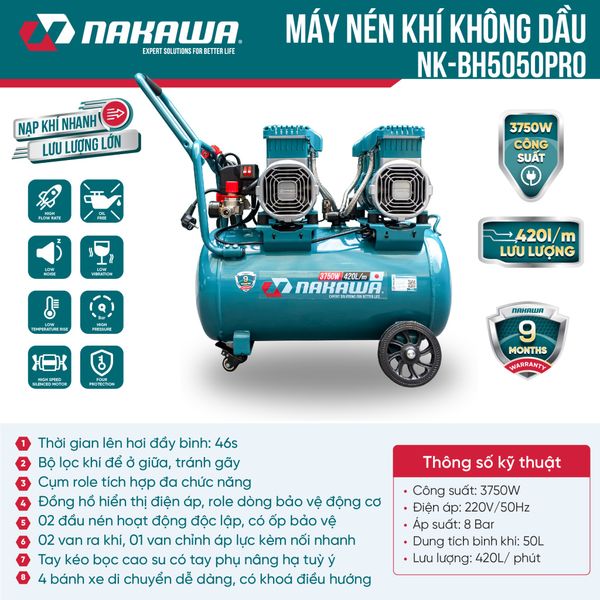 Máy nén khí không dầu, tốc nhanh, siêu êm NK-BH5050PRO - 50 lít