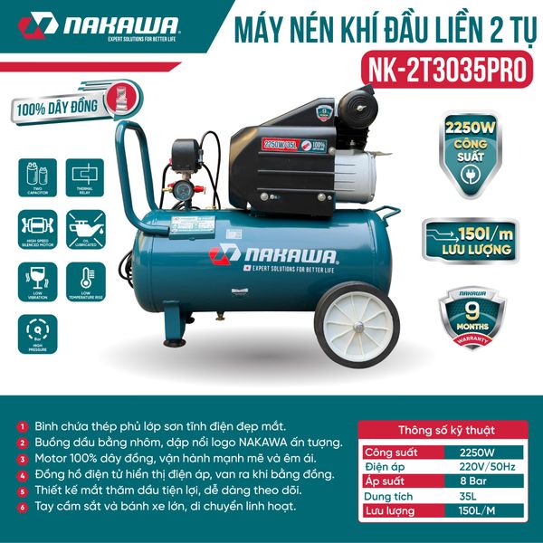 Máy Nén Khí đầu liền 2 tụ NAKAWA NK-2T3035PRO