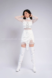  Set lưới ren trắng dài tay kèm áo quây phối xích và váy xẻ tà phối khoen 