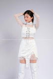  Set lưới ren trắng dài tay kèm áo quây phối xích và váy xẻ tà phối khoen 