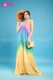  VBM1201 Váy Maxi Loang Màu Cổ Yếm Xếp Ly Dáng Xoè 