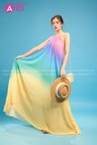  VBM1201 Váy Maxi Loang Màu Cổ Yếm Xếp Ly Dáng Xoè 