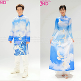  TAD0012 Áo Dài Hoạ Tiết Chim Bồ Câu Hoà Bình Xanh - Nam 