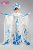  TAE0024 Áo Dài Trình Diễn Tay Lơi Hoạ Tiết Sen Phụng Xanh - Màu Trắng  ( KÈM MẤN ) 