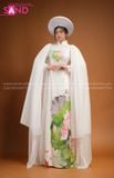 TAE0005 Áo Dài Thiết Kế Tay Voan Tà Dài Trắng Hoạ Tiết Sen ( KÈM MẤN ) 