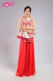  TYD0414 Set Yếm Thiết Kế Gấm Đỏ Thêu Hoa Cổ Yếm Dáng Xoè 
