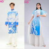  TAD0012 Áo Dài Hoạ Tiết Chim Bồ Câu Hoà Bình Xanh - Nam 