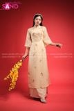  TAC1101 Áo Dài Tơ 4 Tà - Thêu Hoa Hoa Hướng Dương Trắng Nâu Cách Tân 