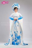  TAE0024 Áo Dài Trình Diễn Tay Lơi Hoạ Tiết Sen Phụng Xanh - Màu Trắng  ( KÈM MẤN ) 