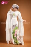 TAE0005 Áo Dài Thiết Kế Tay Voan Tà Dài Trắng Hoạ Tiết Sen ( KÈM MẤN ) 