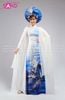  TAE0018 Áo Dài Thiết Kế Tay Voan Vàng Tà Dài Hoạ Tiết Chim Hạt - Màu Trắng Loang Xanh  ( KÈM MẤN ) 
