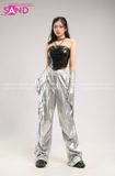  Outfit Phối Sẵn - (Quần Nắp Ngang Bạc phối Áo Quây Da Bóng Đen) 