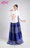  TNH0108 Hanbok Áo Trắng Váy Xanh Gấm In Nhũ 