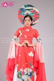  TAE0409 Áo Dài Thiết Kế Tay Voan Hoạ Tiết Sen Táp Đỏ - Màu Đỏ ( KÈM MẤN ) 