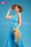  VBM0804 Váy Maxi Xanh Dương Xẻ Tà Xếp Ly Liền 