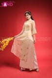  TAC1101 Áo Dài Tơ 4 Tà - Thêu Hoa Hoa Hướng Dương Trắng Nâu Cách Tân 