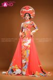  TAE0406 Áo Dài Thiết Kế Tà Dài Đỏ Hoạ Tiết Hoa Mai Chim Phượng ( KÈM MẤN ) 