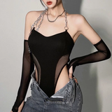  Áo Bodysuit dài tay đen phối xích kèm tay lưới 