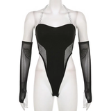  Áo Bodysuit dài tay đen phối xích kèm tay lưới 