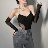  Áo Bodysuit dài tay đen phối xích kèm tay lưới 