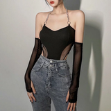  Áo Bodysuit dài tay đen phối xích kèm tay lưới 