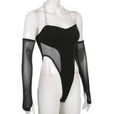  Áo Bodysuit dài tay đen phối xích kèm tay lưới 