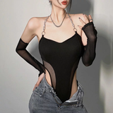 Áo Bodysuit dài tay đen phối xích kèm tay lưới 