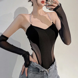  Áo Bodysuit dài tay đen phối xích kèm tay lưới 
