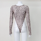  Áo bodysuit dài tay lưới khoét hông cao họa tiết beo - Nâu 